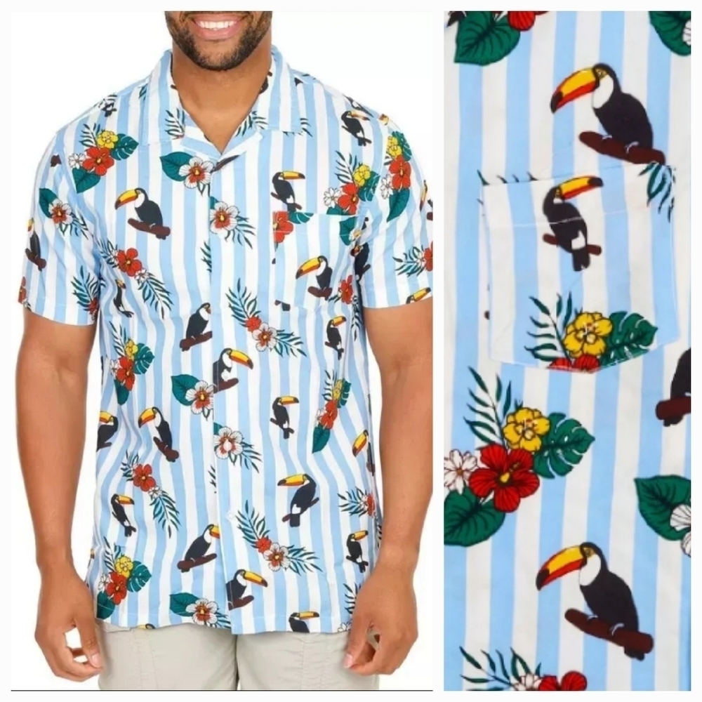 VSTR Toucan Play At That Game Tropical Floral Stripe Print Button Down Size L